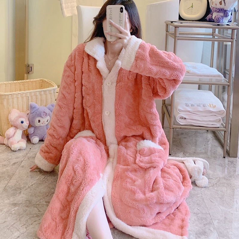 珊瑚绒睡袍女春秋冬加厚加绒法兰绒浴袍睡衣晨袍浴衣长款长袍法式