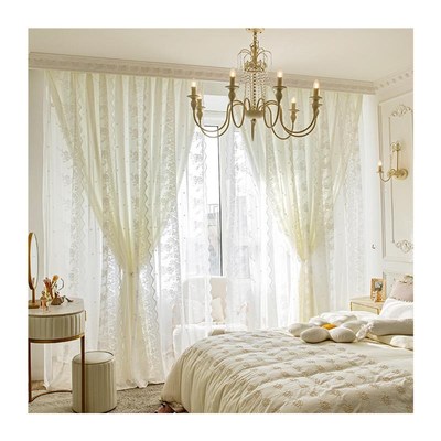 奶油色法式蕾丝双层窗帘卧室窗纱C透光不透人白纱客厅飘窗网红纱