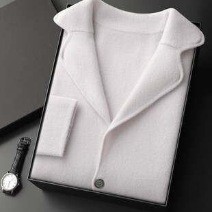 秋冬加厚西装领空气层山羊绒针织开衫男外套长袖纯色外搭毛衣大衣