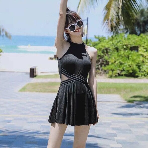 泳衣女2023新款高颜值微胖显瘦遮D肉网红风高级感黑色连身女孩泳