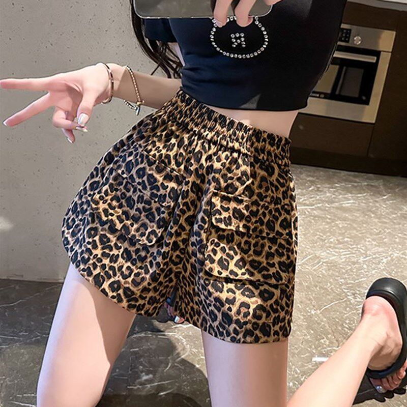 潮牌松紧腰豹纹短裤小众设计感女夏季高腰显瘦休闲宽松直筒阔腿裤