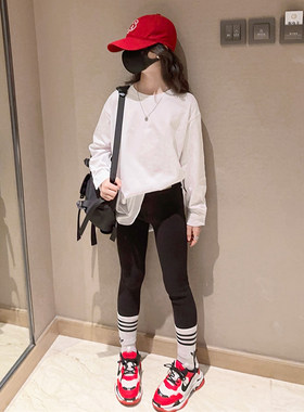 女童白色休闲长袖T恤2023春季新款宽松卫衣叠穿内搭儿童打底衫潮