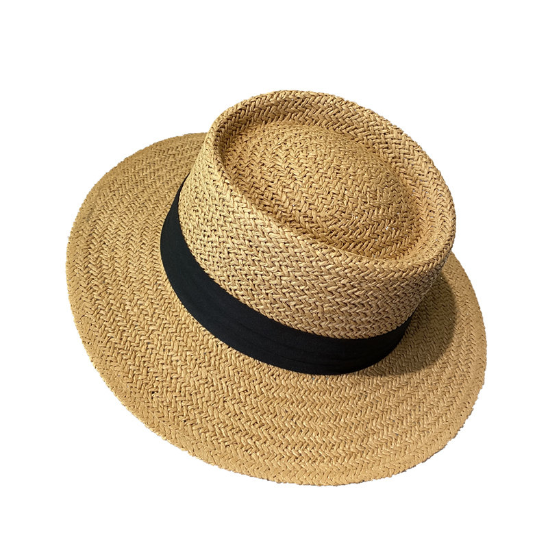 网红时尚百搭英伦l帽女夏小清新平顶草帽优雅法式度假沙滩遮阳礼