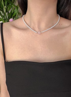 正圆强光仿澳白施家珍珠项链天然粉晶水.晶珠锁骨链