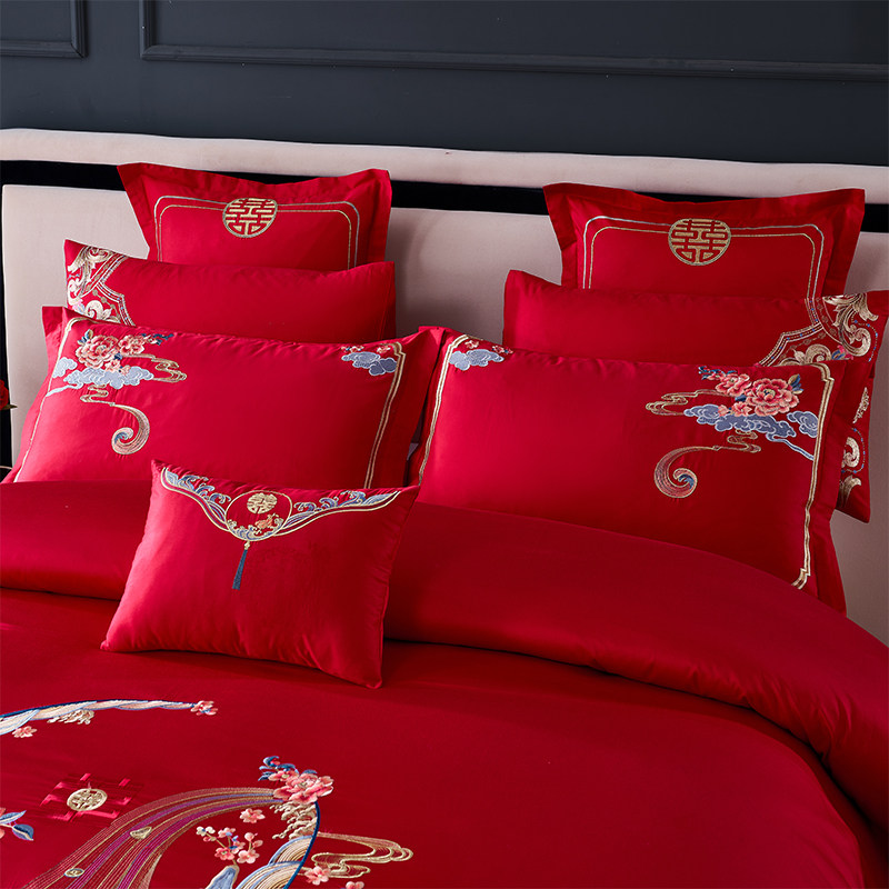 婚庆四件套床上用品结婚大红色床单喜被婚床刺绣长绒棉六件套,床上用品,婚庆床品套件,淘宝优惠券,粉丝福利购,淘宝优惠卷