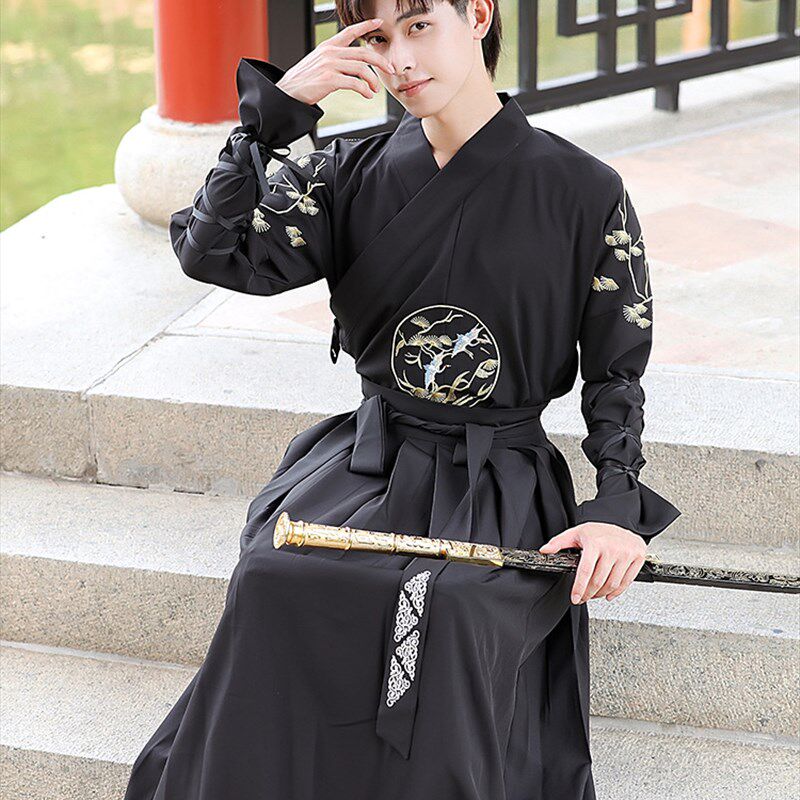 原创汉服男d帅气复古武侠风男装表演戏服学生演出团服大码套装黑