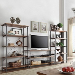 定制美式铁艺屏风隔断置物架实木书架钢木落地客厅原木多层收纳架