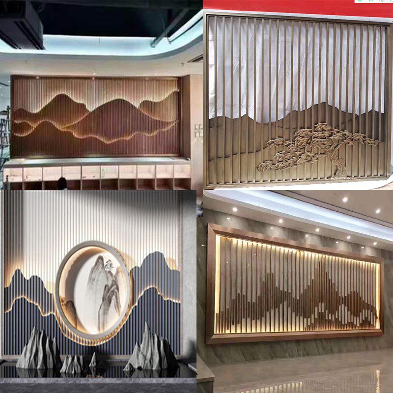 不锈钢屏风新中式假山背景墙庭院子金属格栅酒店通花镂空隔断定制