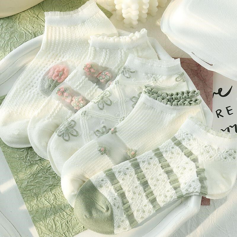 白色袜子女短袜夏季薄款水晶袜学生可爱百搭女款翻纱浮雕透气船袜