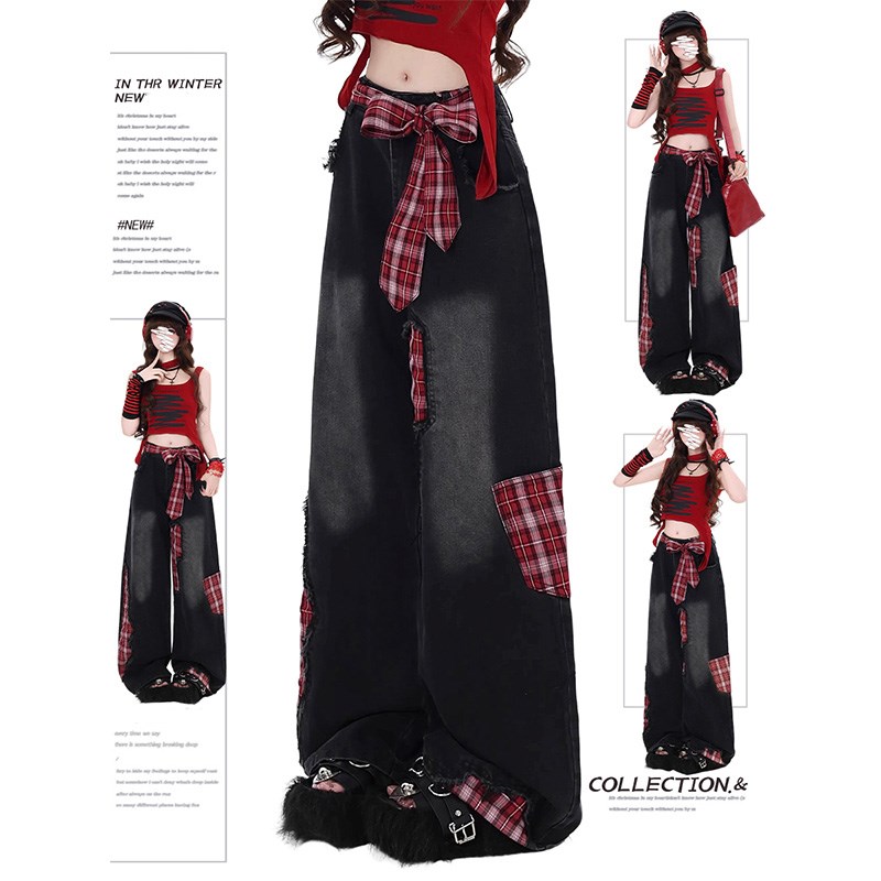 大码复古格子拼接阔腿牛仔裤女2025春高腰宽松显瘦直筒垂感长裤子