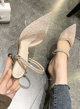 网纱凉鞋女小码3132p33夏包头镂空透气法式高级感水钻网面细高跟