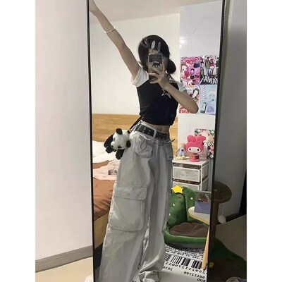 大码胖妹妹美式复古m阔腿工装裤女夏季小众设计感高腰直筒休闲裤