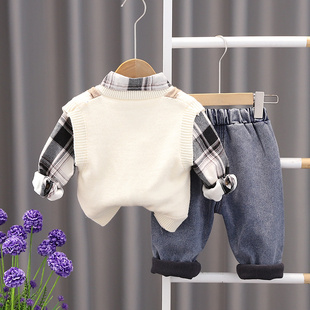 男童冬装套装2023新款儿童洋派时髦宝宝加绒加厚秋冬季马甲三件套