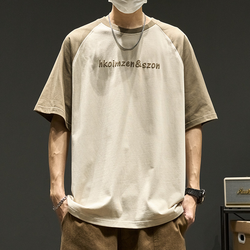 小众高货短袖t恤男款夏季重磅纯棉圆领插肩袖美式潮牌五分袖男生
