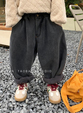儿童冬裤韩国童j装女童纯色加绒牛仔裤男宝宝一体绒加厚长裤哈伦