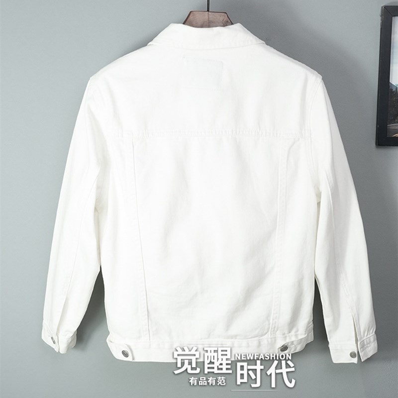 全棉春秋季纯白牛仔外套男高端休闲夹克短款纯棉白色上衣潮流新款
