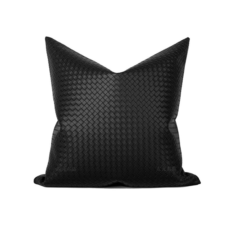 新款简约现代轻奢样板房间客厅沙发家居靠垫皮革皮质编织黑色抱枕