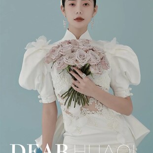 2022年d中国风改良收腰鱼尾礼服复古泡泡袖婚纱情侣主题写摄影服