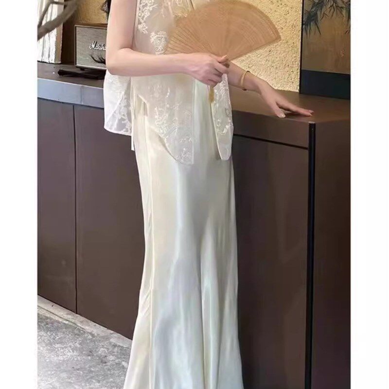 欧洲站夏季新款复古国风高端禅意气质女神范白色马甲连衣裙两件套
