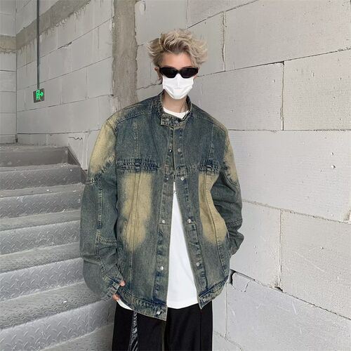 热销重工牛仔夹克男秋季美式vibe高街痞帅设计感宽松水洗做旧工装
