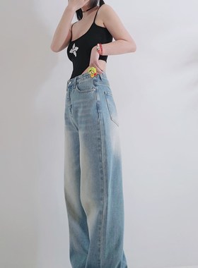 175高个子加长牛仔裤浅蓝色加绒加厚阔腿裤宽松显瘦直筒拖地长裤