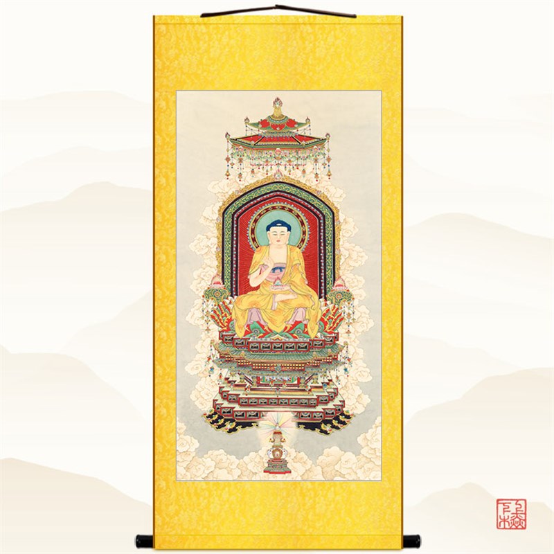 释迦牟尼佛画像 如来佛祖佛像画 复古佛堂装饰画绢布卷轴挂画定制