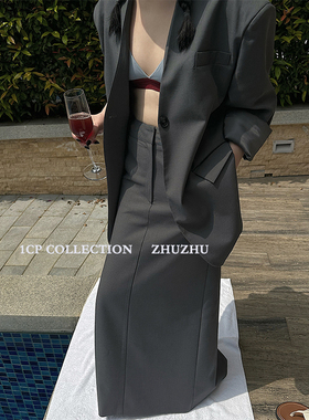 1CP 灰色垫肩西装长半裙两件套女202H3春新款宽松时尚通勤气质套
