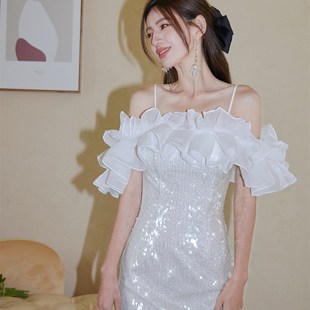 宴会晚礼服细闪亮片一字肩连衣裙2024鱼尾裙立体荷叶边抹胸小礼服