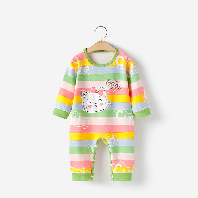 新品春秋婴儿连体衣德绒保暖女宝宝睡衣套头家居服爬爬服外穿卡通