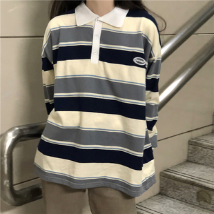 推荐 stripe ins Retro pullover wild loose hit collar color