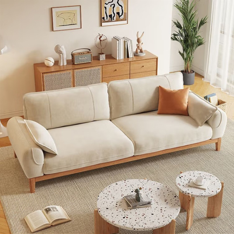 北欧实木沙发日式原木风格科技布小户型客厅直p排三人位奶油风沙