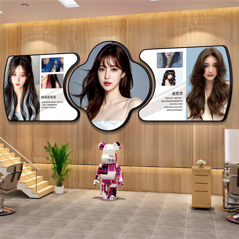 理发店海报墙贴墙面装饰画男女发型挂画美发店发廊背景形象墙壁画