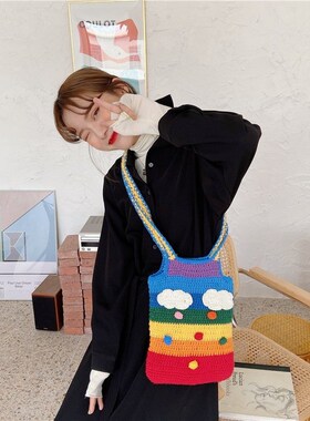 Thailand Rainbow Canvas Messenger Bag Wool Knitting Tote Ba
