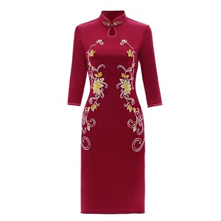 旗袍妈妈婚礼装母亲婚礼服改良刺绣婆婆婚宴礼服高贵旗袍裙中长款