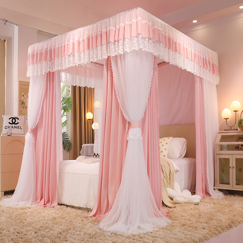 新款双层遮光床帘蚊帐一体式三开门布帘h家用宫廷落地公主卧室窗