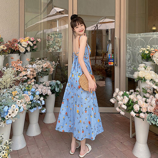 沙滩连衣裙三亚夏季女海边海滩度假碎花超仙很仙的夏装裙蓝色长裙