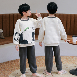 儿童睡衣秋冬夹层空气棉男童睡衣长袖圆领螺纹收口女X童居家服套