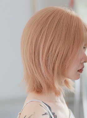 WIG UP粉橘色波波头假发齐刘海假发全头高温丝自然锁骨短发