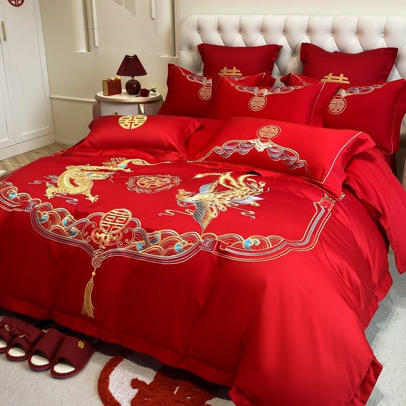 龙凤刺绣婚庆四件套大红色全棉新婚床单被罩结婚床上用品,床上用品,婚庆床品套件,淘宝优惠券,粉丝福利购,淘宝优惠卷