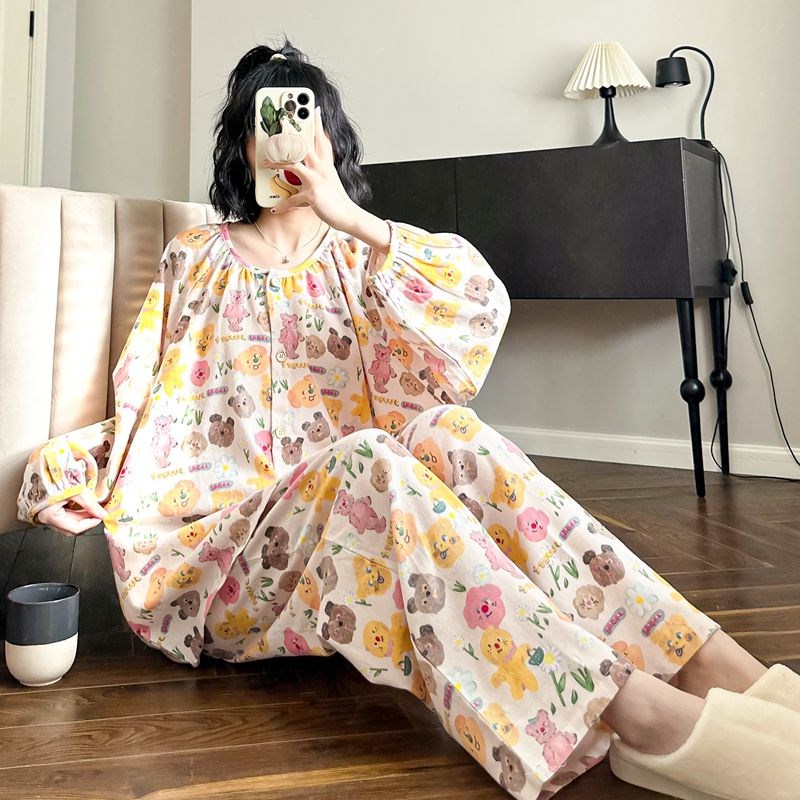 粉色日系睡衣女春秋款卡通可爱宽松新款月子服家居服夏季套装
