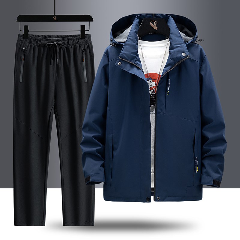 冲锋衣套装男士户外运动春秋季防风防水夹克外套休闲运动服两件套