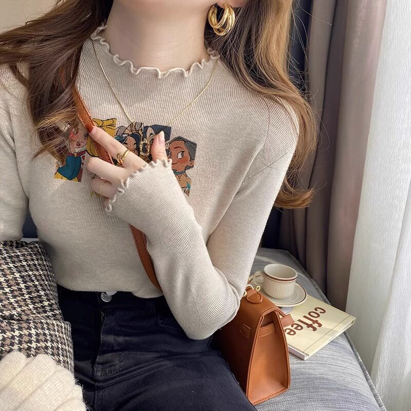半高领针织衫女秋冬修身显t瘦毛衣内搭印花设计感木耳边打底衫上