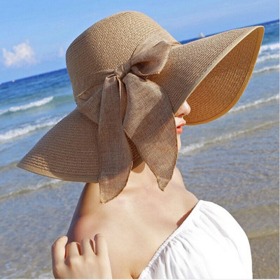 速发Summer Women Straw Hat Bowknot Wide Brim Floppy Panama H