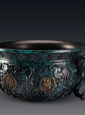 威弗列德全铜蓝色聚宝盆摆件铜盆铜缸客厅店铺开业礼物家居装饰品