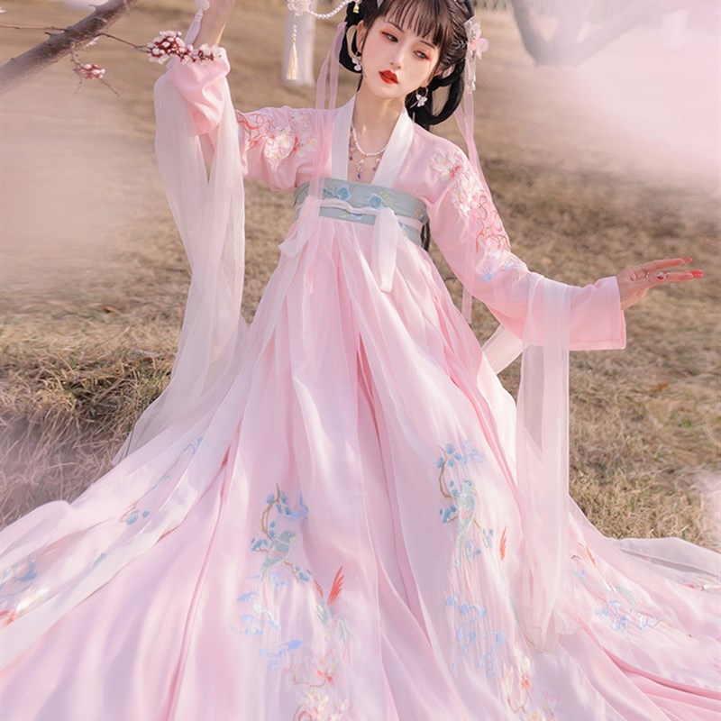 桃妖 粉色齐胸汉服大裙摆唐制齐胸襦裙春夏汉服V女仙气古装汉服