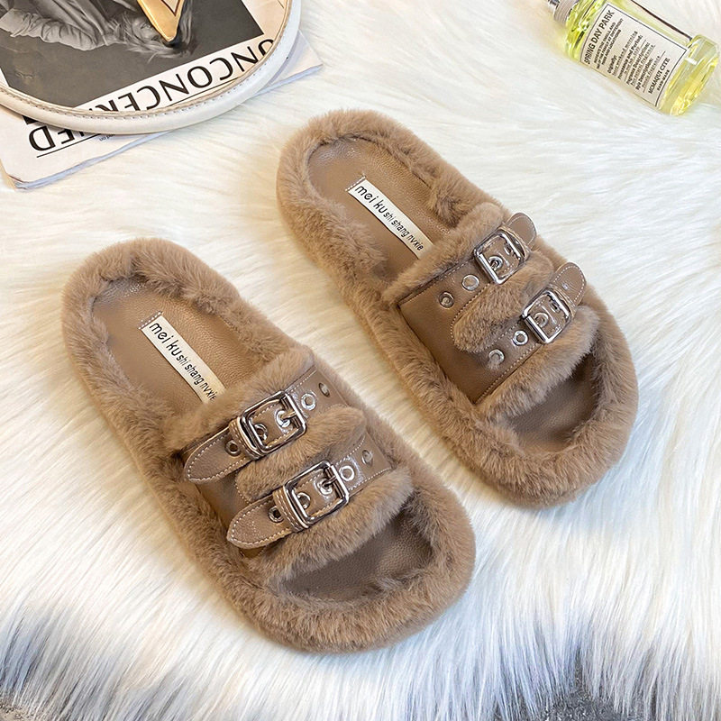 小码313233棉拖女冬双排一字带方扣毛茸茸外穿拖鞋厚底大尺码41-4