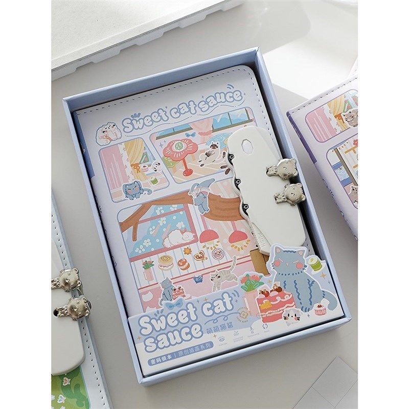 萌萌猫酱彩页密码锁笔记本子高颜值可爱手账本秘密记事日记手帐本,文具电教/文化用品/商务用品,笔记本/记事本,淘宝优惠券,粉丝福利购,淘宝优惠卷