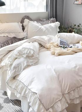 l网红纯白色四件套全荷叶边棉被套E床单轻少奢公主风床裙女心床棉