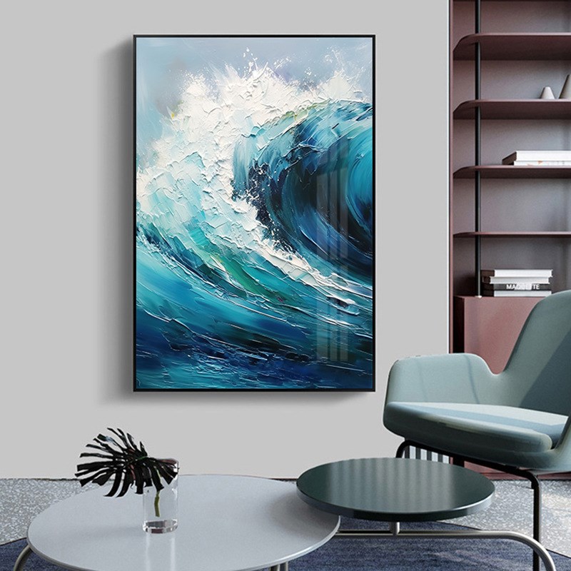 现货现代简约油画风格创意海浪三联装饰画 玄关走廊油画风格风景