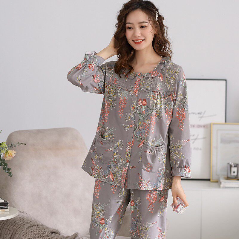 蓝豆娘秋季新款长袖女士睡衣薄款开衫大码中年妈妈春秋家居服